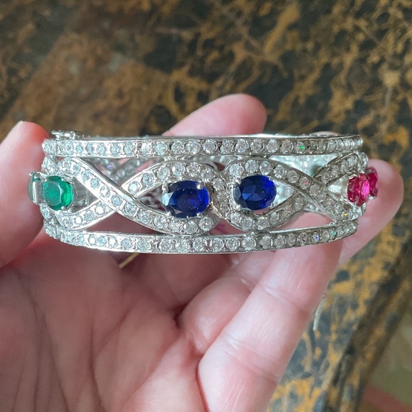 NWT Sterling Silver 925 Genuine Ruby/Emerald/Sapphire White Crystal wide bracele - Picture 2 of 15